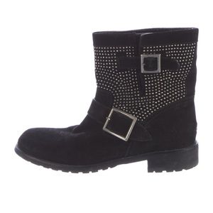 Jimmy Choo Gold Studded Suede Biker Boots